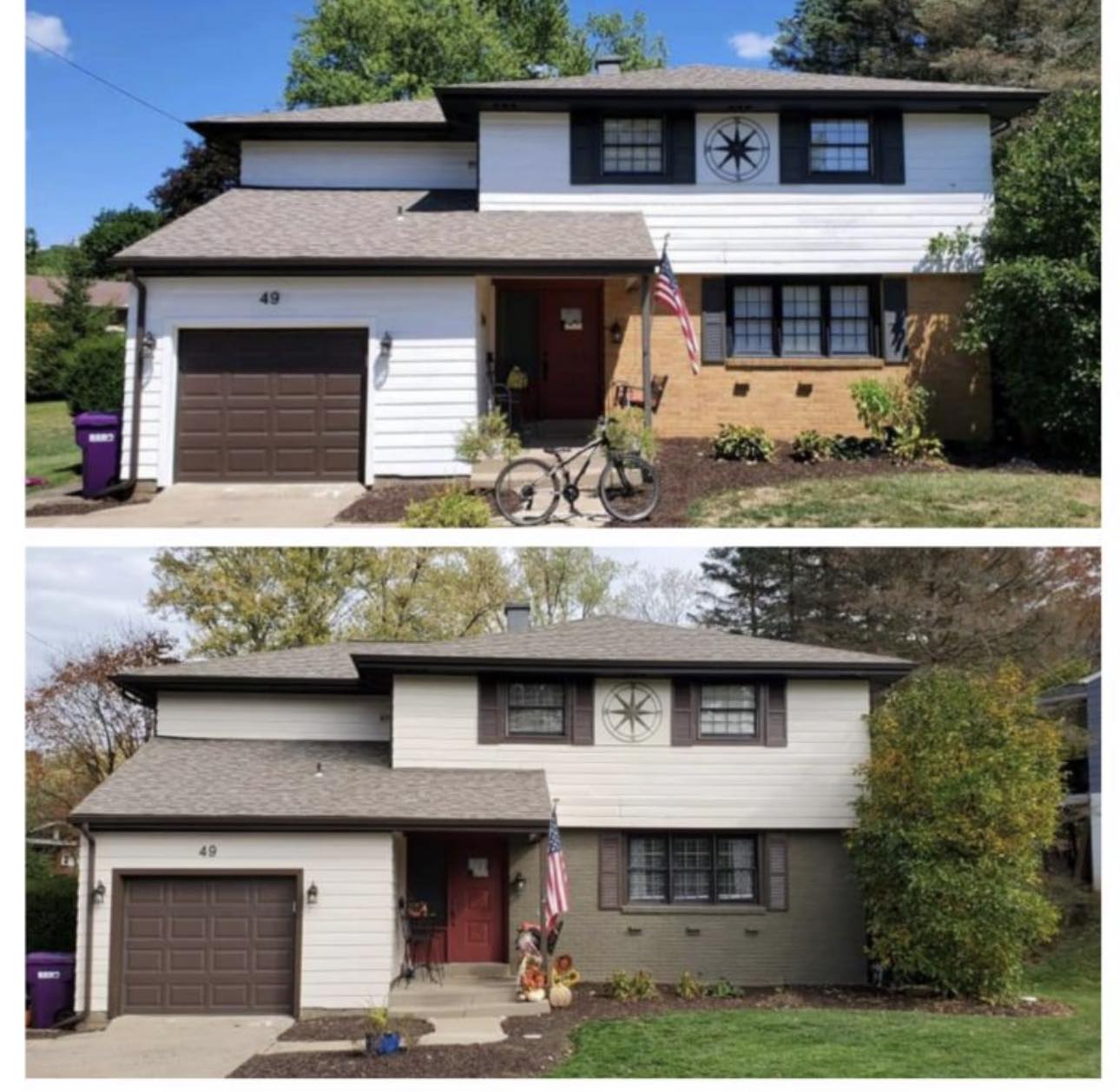 Before and after exterior house painting transformation